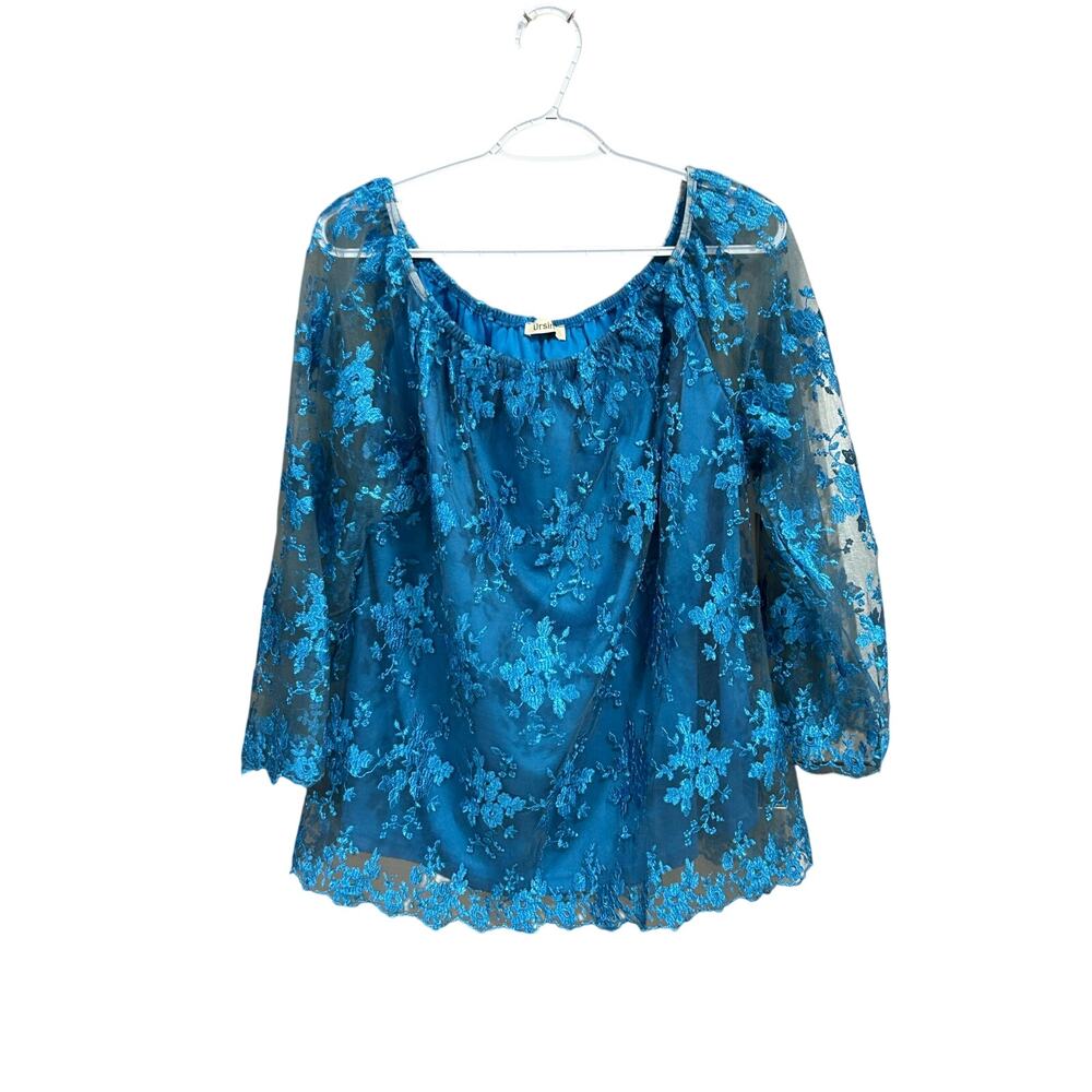 Ursime Teal Blue Floral Embroidered Lace Blouse Sheer Sleeve Romantic Top